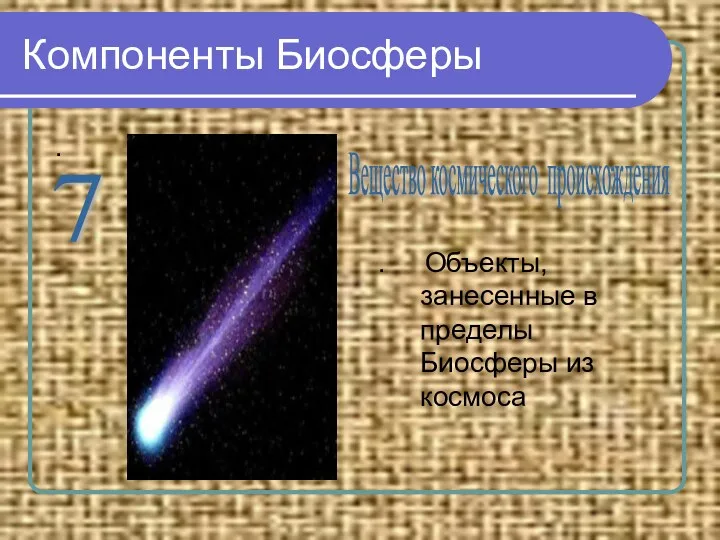 Компоненты Биосферы . . Объекты, занесенные в пределы Биосферы из космоса 7 Вещество космического происхождения