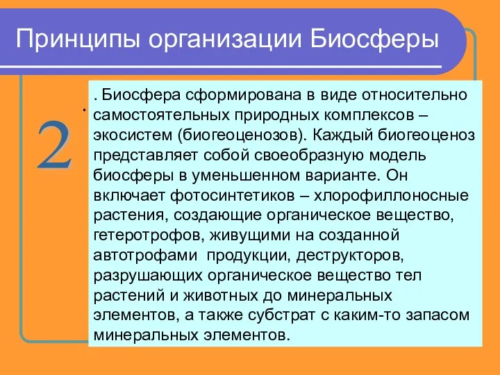 Принципы организации Биосферы . 2 . Биосфера сформирована в виде