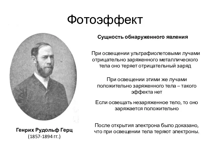 Фотоэффект Генрих Рудольф Герц (1857-1894 гг.) Сущность обнаруженного явления При