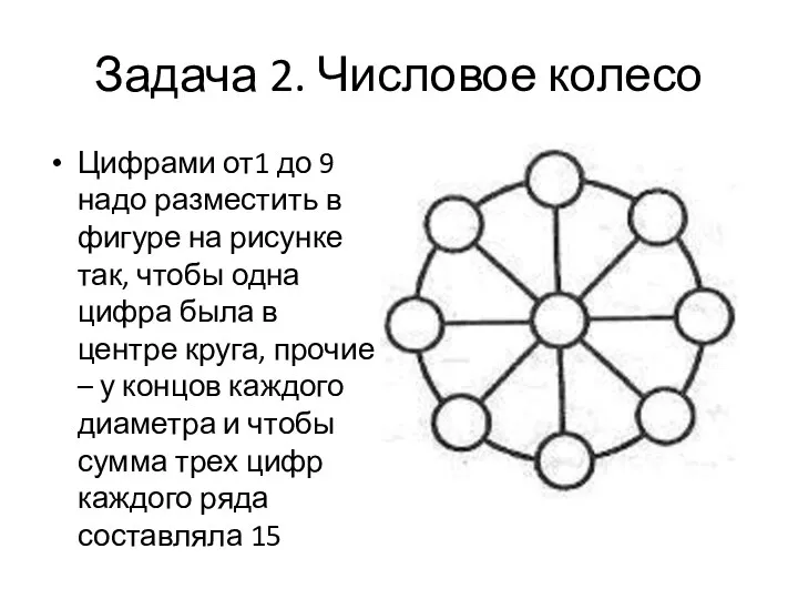 Задача 2. Числовое колесо Цифрами от1 до 9 надо разместить