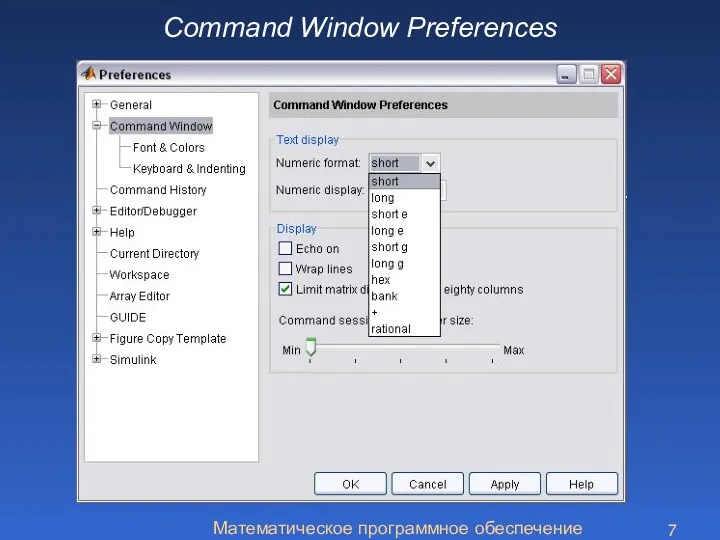 Математическое программное обеспечение Command Window Preferences