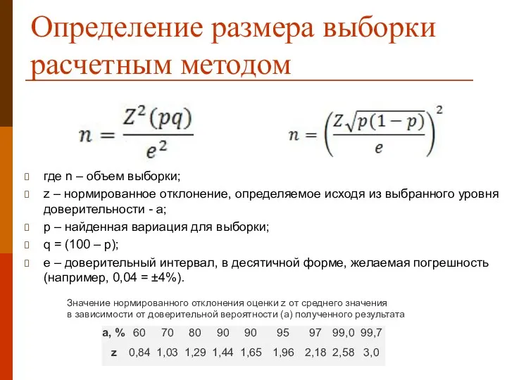 Определение размера выборки расчетным методом где n – объем выборки;