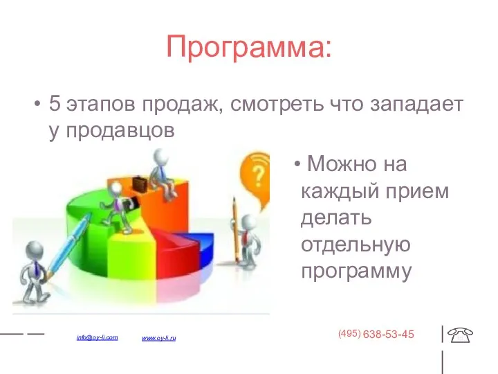 Программа: 5 этапов продаж, смотреть что западает у продавцов 638-53-45 (495) www.oy-li.ru info@oy-li.com