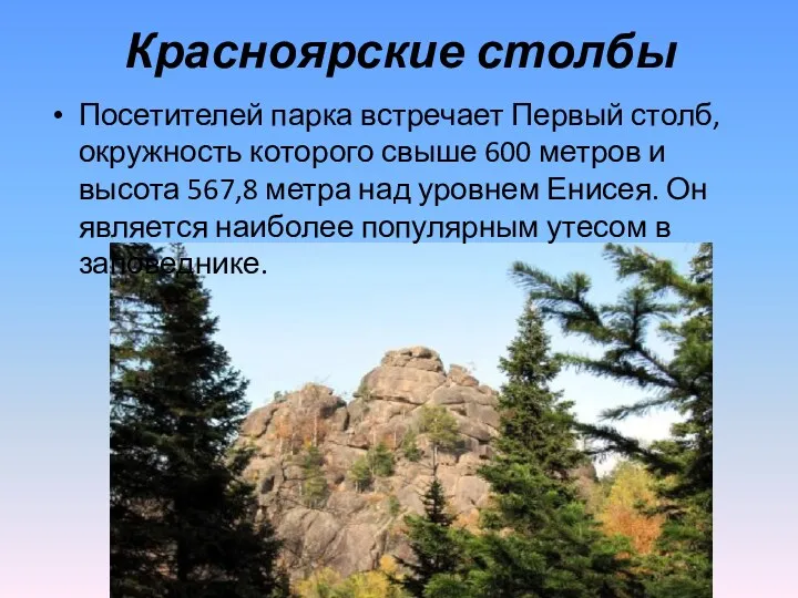 Красноярские столбы Посетителей парка встречает Первый столб, окружность которого свыше