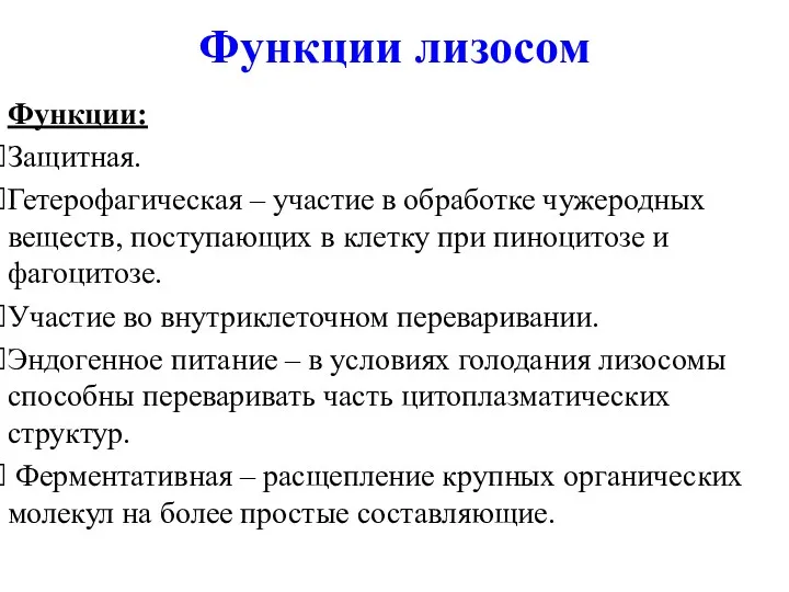 Функции лизосом Функции: Защитная. Гетерофагическая – участие в обработке чужеродных