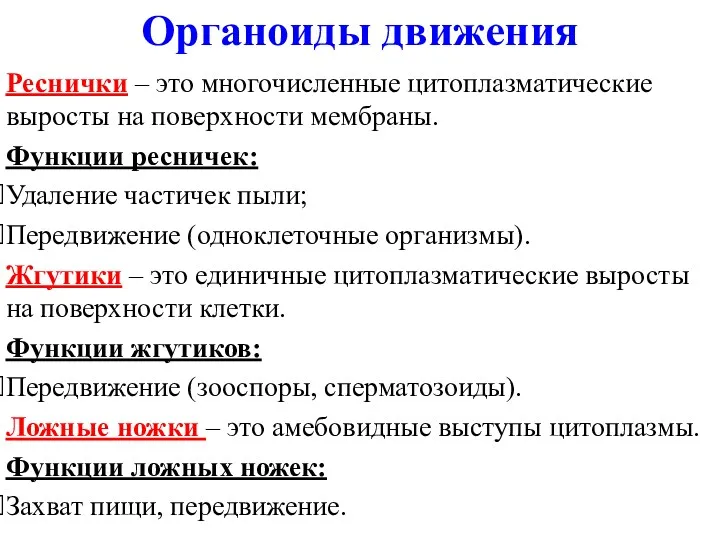 Реснички – это многочисленные цитоплазматические выросты на поверхности мембраны. Функции