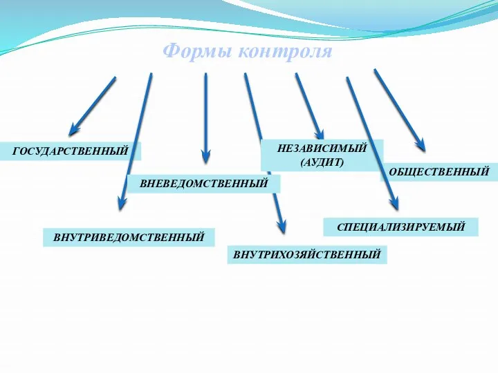 Формы контроля ГОСУДАРСТВЕННЫЙ ВНУТРИВЕДОМСТВЕННЫЙ ВНЕВЕДОМСТВЕННЫЙ ВНУТРИХОЗЯЙСТВЕННЫЙ ОБЩЕСТВЕННЫЙ СПЕЦИАЛИЗИРУЕМЫЙ НЕЗАВИСИМЫЙ (АУДИТ)