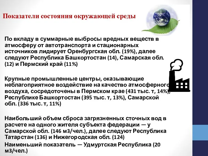 Показатели состояния окружающей среды По вкладу в суммарные выбросы вредных