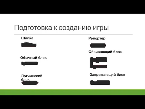 Подготовка к созданию игры Шапка Обычный блок Логический блок Репортёр Обвивающий блок Закрывающий блок