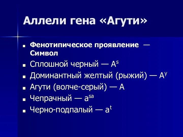 Аллели гена «Агути» Фенотипическое проявление — Символ Сплошной черный —