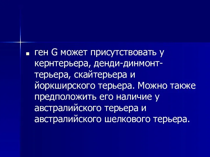 ген G может присутствовать у кернтерьера, денди-динмонт-терьера, скайтерьера и йоркширского