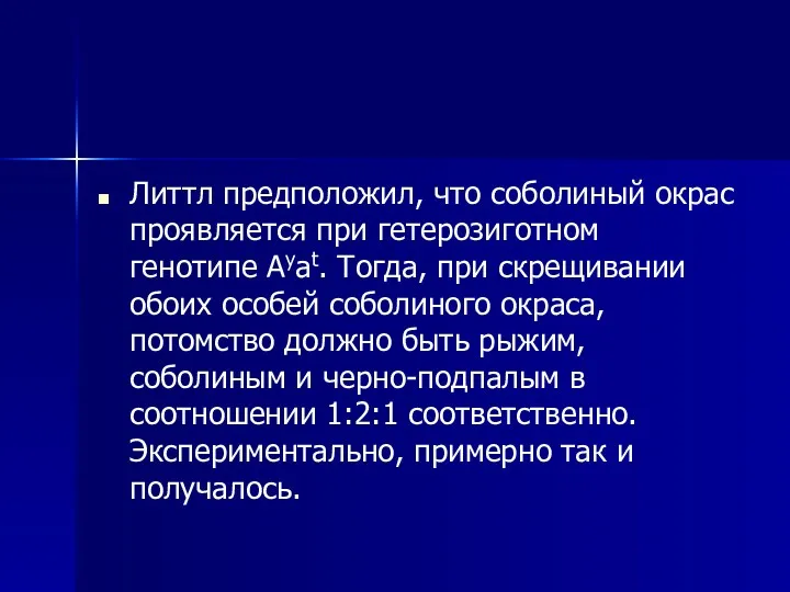 Литтл предположил, что соболиный окрас проявляется при гетерозиготном генотипе Ayat.