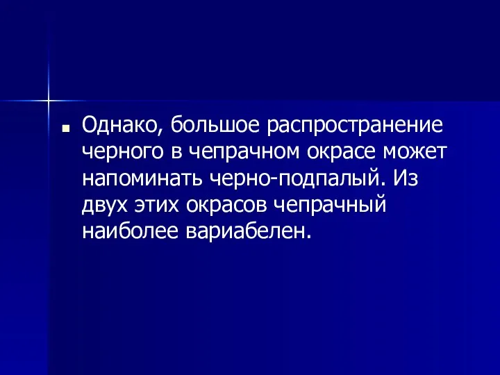 Однако, большое распространение черного в чепрачном окрасе может напоминать черно-подпалый.