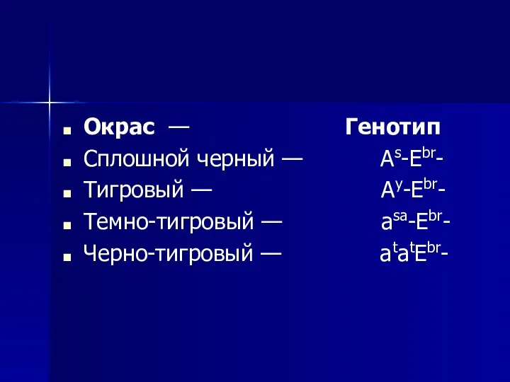 Окрас — Генотип Сплошной черный — As-Ebr- Тигровый — Ay-Ebr- Темно-тигровый — asa-Ebr- Черно-тигровый — atatEbr-