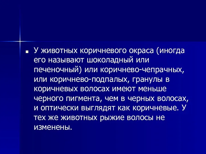 У животных коричневого окраса (иногда его называют шоколадный или печеночный)