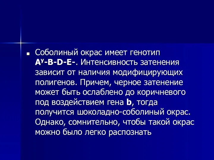 Соболиный окрас имеет генотип Ay-B-D-E-. Интенсивность затенения зависит от наличия