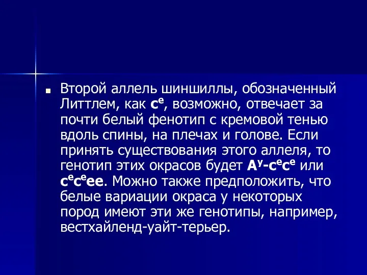 Второй аллель шиншиллы, обозначенный Литтлем, как ce, возможно, отвечает за