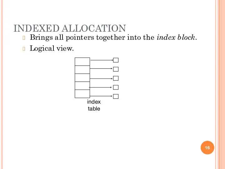 INDEXED ALLOCATION Brings all pointers together into the index block. Logical view. index table