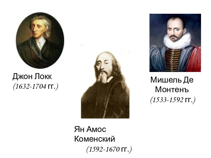 Джон Локк (1632-1704 гг.) Ян Амос Коменский (1592-1670 гг.) Мишель Де Монтенъ (1533-1592 гг.)