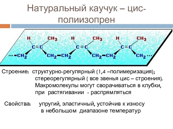 Натуральный каучук – цис-полиизопрен Строение: структурно-регулярный (1,4 –полимеризация); стереорегулярный (