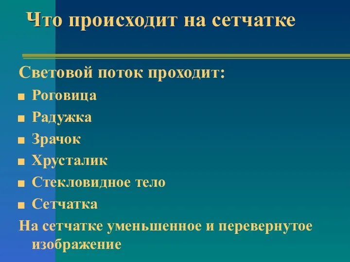 Что происходит на сетчатке Световой поток проходит: Роговица Радужка Зрачок