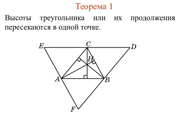Теорема 1 Высоты треугольника или их продолжения пересекаются в одной точке.