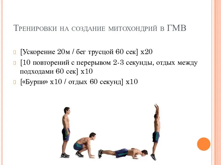 Тренировки на создание митохондрий в ГМВ [Ускорение 20м / бег