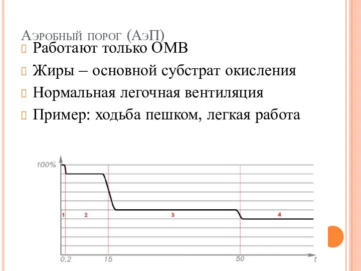 Аэробный порог (АэП) Работают только ОМВ Жиры – основной субстрат