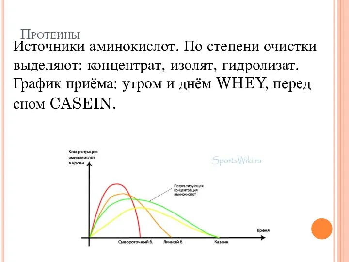 Протеины Источники аминокислот. По степени очистки выделяют: концентрат, изолят, гидролизат.