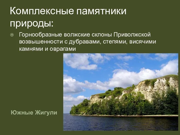 Комплексные памятники природы: Южные Жигули Горнообразные волжские склоны Приволжской возвышенности