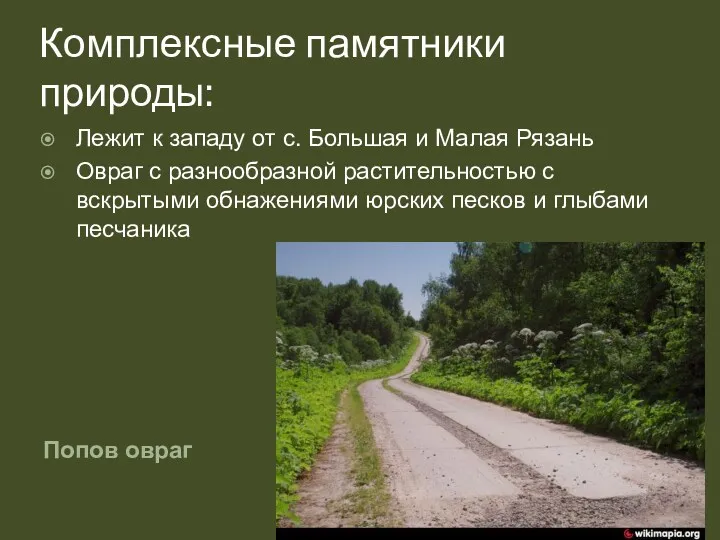 Комплексные памятники природы: Попов овраг Лежит к западу от с.