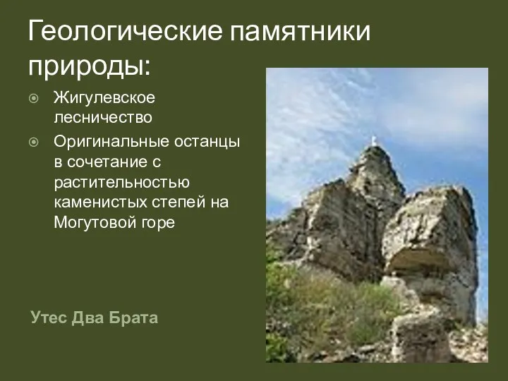 Геологические памятники природы: Утес Два Брата Жигулевское лесничество Оригинальные останцы