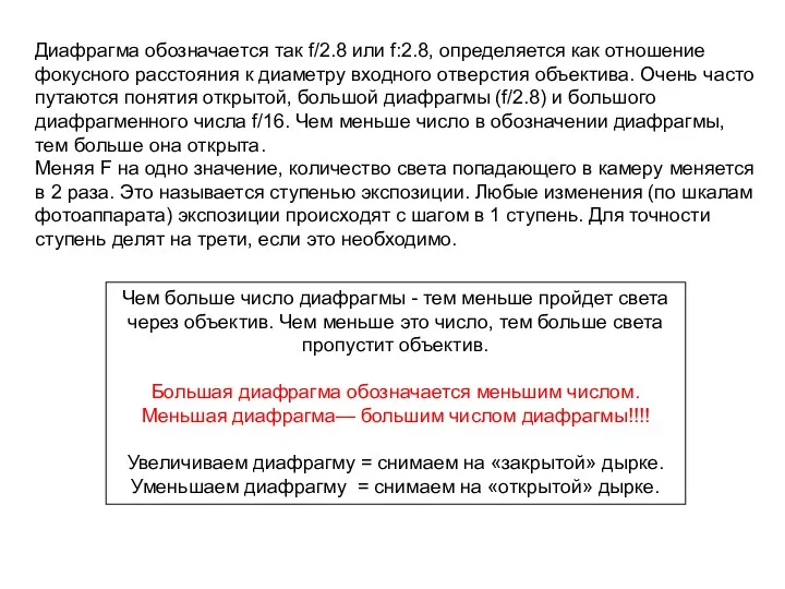 Диафрагма обозначается так f/2.8 или f:2.8, определяется как отношение фокусного расстояния к диаметру