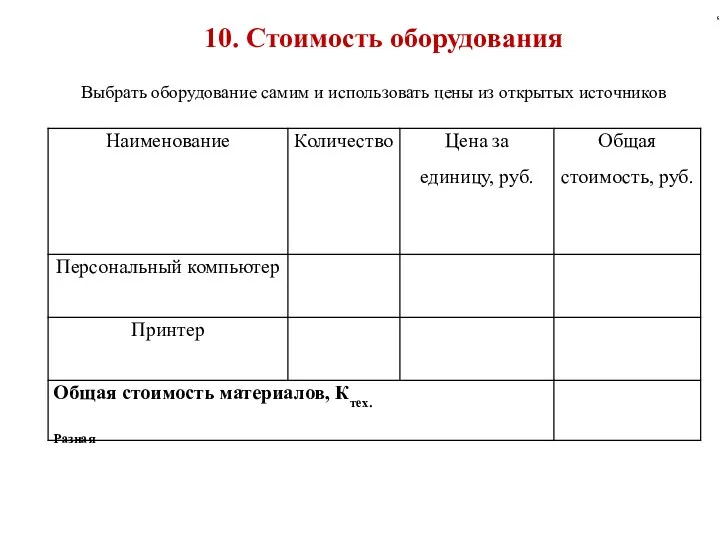 Выбрать оборудование самим и использовать цены из открытых источников , 10. Стоимость оборудования