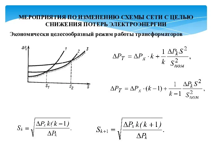 МЕРОПРИЯТИЯ ПО ИЗМЕНЕНИЮ СХЕМЫ СЕТИ С ЦЕЛЬЮ СНИЖЕНИЯ ПОТЕРЬ ЭЛЕКТРОЭНЕРГИИ Экономически целесообразный режим работы трансформаторов