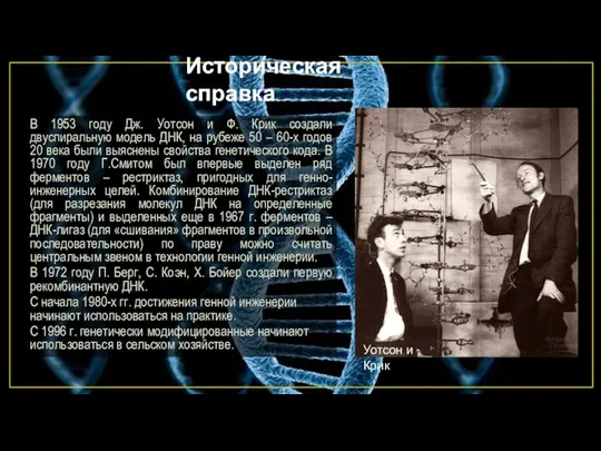 Историческая справка В 1953 году Дж. Уотсон и Ф. Крик