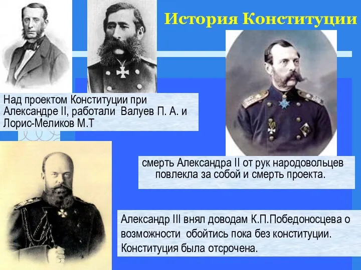 История Конституции смерть Александра II от рук народовольцев повлекла за собой и смерть
