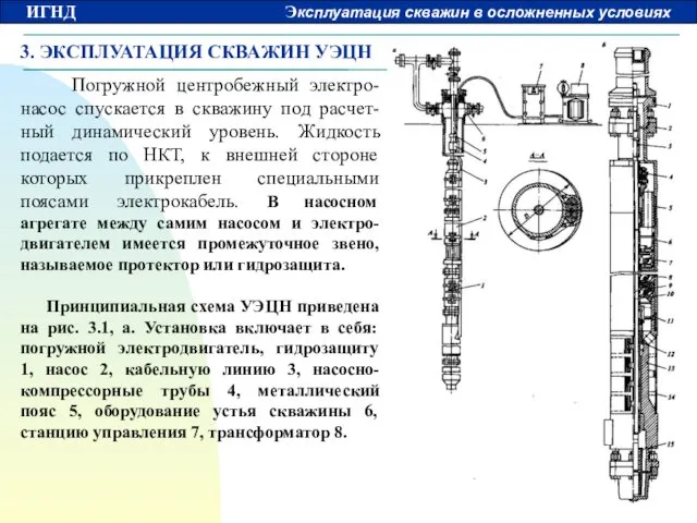 3. ЭКСПЛУАТАЦИЯ СКВАЖИН УЭЦН Погружной центробежный электро-насос спускается в скважину