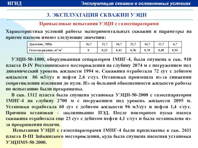 3. ЭКСПЛУАТАЦИЯ СКВАЖИН УЭЦН Промысловые испытания УЭЦН с газосепараторами Характеристика