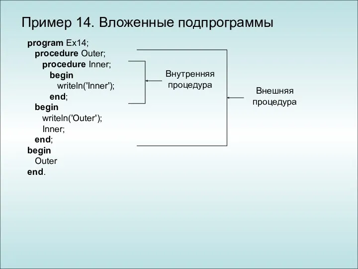 Пример 14. Вложенные подпрограммы program Ex14; procedure Outer; procedure Inner;