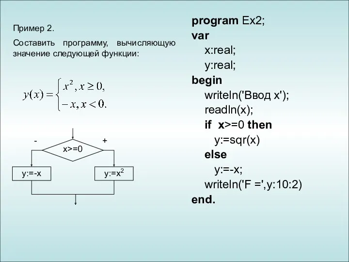 program Ex2; var x:real; y:real; begin writeln('Ввод x'); readln(x); if