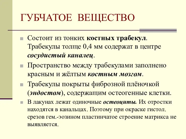 ГУБЧАТОЕ ВЕЩЕСТВО Состоит из тонких костных трабекул. Трабекулы толще 0,4