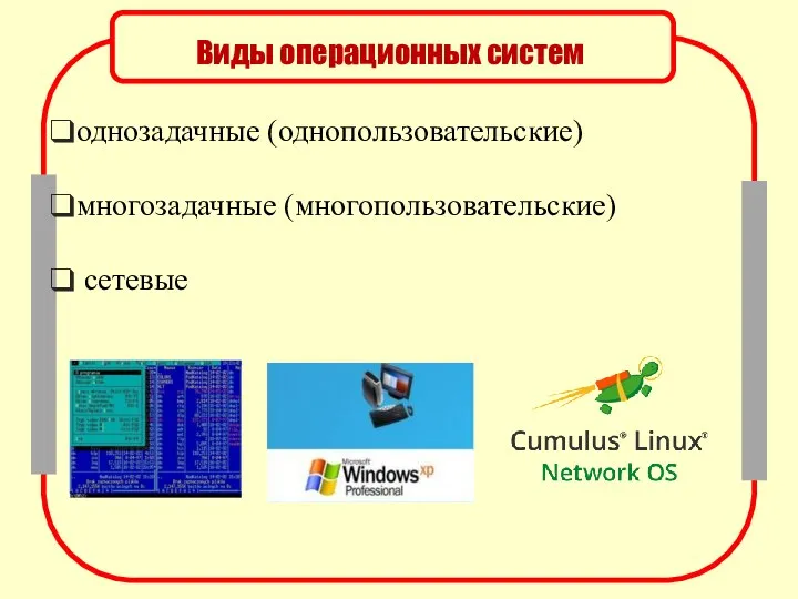 Виды операционных систем однозадачные (однопользовательские) многозадачные (многопользовательские) сетевые