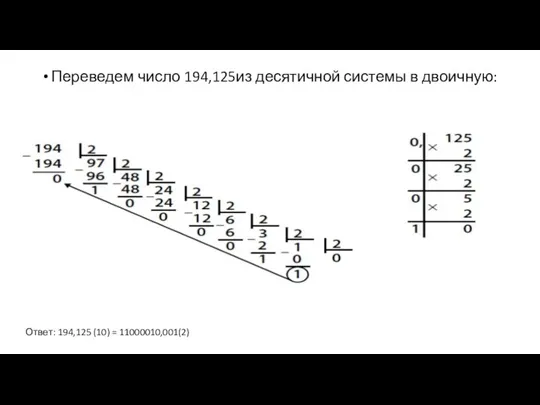 Переведем число 194,125из десятичной системы в двоичную: Ответ: 194,125 (10) = 11000010,001(2)