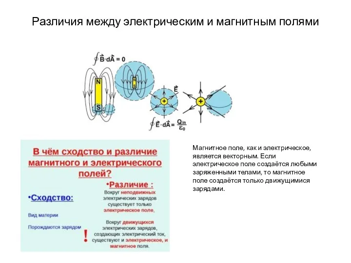 Различия между электрическим и магнитным полями Магнитное поле, как и электрическое, является векторным.