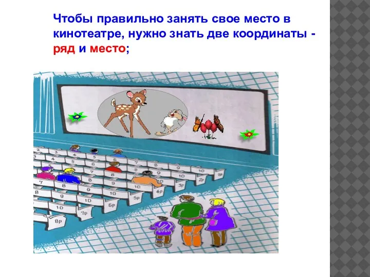 Чтобы правильно занять свое место в кинотеатре, нужно знать две координаты - ряд и место;