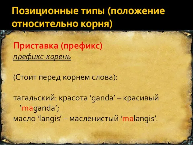 Позиционные типы (положение относительно корня) Приставка (префикс) префикс-корень (Стоит перед