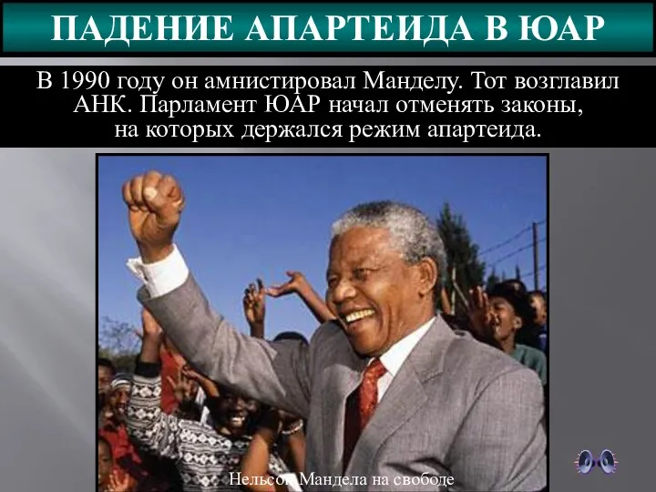 В 1990 году он амнистировал Манделу. Тот возглавил АНК. Парламент ЮАР начал отменять