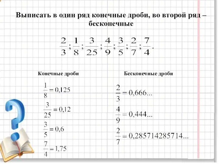 Выписать в один ряд конечные дроби, во второй ряд – бесконечные Конечные дроби Бесконечные дроби