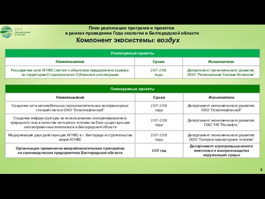 План реализации программ и проектов в рамках проведения Года экологии в Белгородской области Компонент экосистемы: воздух